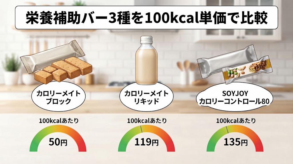 カロリーメイト ブロック・カロリーメイト リキッド・SOYJOY カロリーコントロール80の100kcalあたり価格（50円・119円・135円）を比較したイラスト