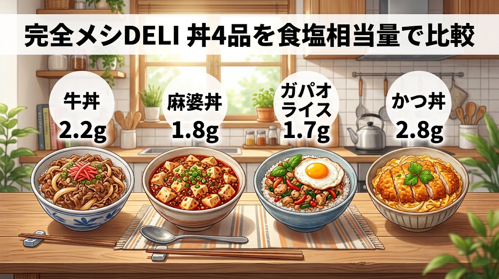 完全メシ DELI 丼4品（牛丼・麻婆丼・ガパオライス・かつ丼）の食塩相当量比較：牛丼2.2g、麻婆丼1.8g、ガパオライス1.7g、かつ丼2.8g