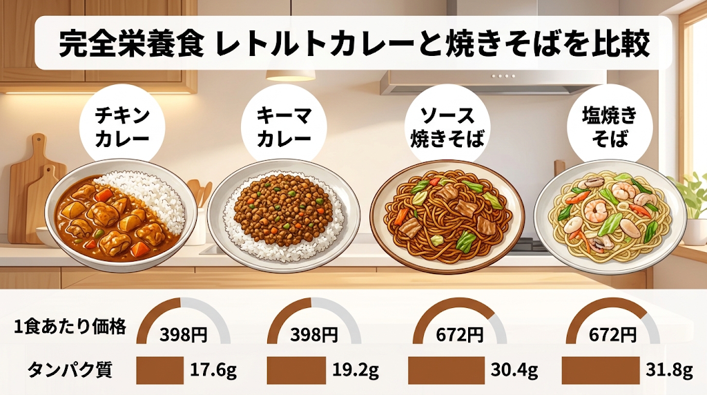 完全メシ レトルトカレー2種とBASE YAKISOBA2種の1食あたり価格（398円・672円）とタンパク質量を比較した図