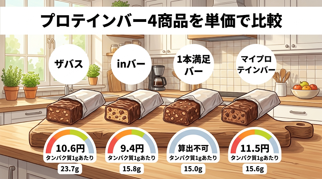 ザバス・inバー・1本満足バー・マイプロテインバーのタンパク質1gあたり単価とタンパク質量を比較したイラスト