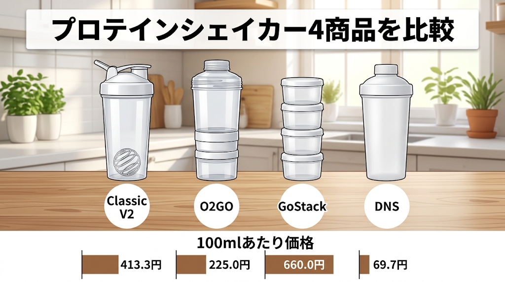 プロテインシェイカー4商品（Classic V2・O2GO・GoStack・DNS）の100mlあたり価格を比較したイラスト