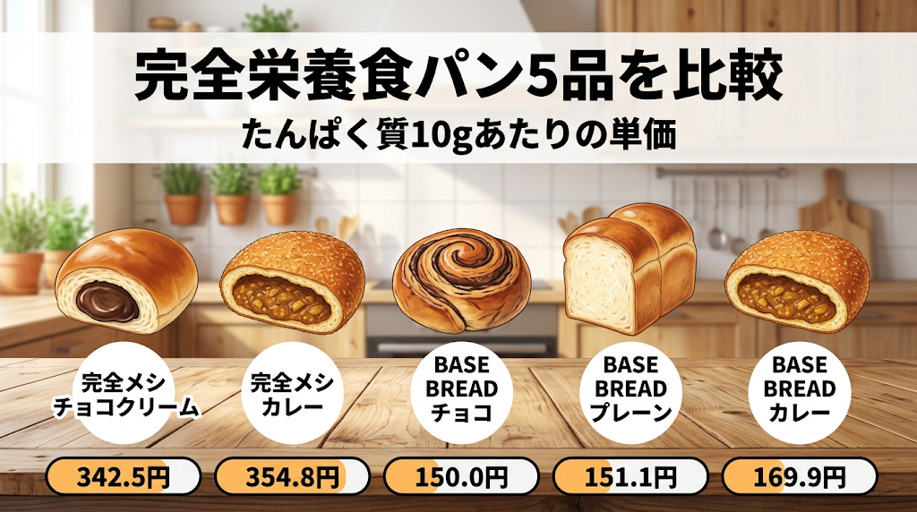 完全メシ BREAD 2品とBASE BREAD 3品のたんぱく質10gあたりの単価を比較したイラスト（342.5円〜150.0円）