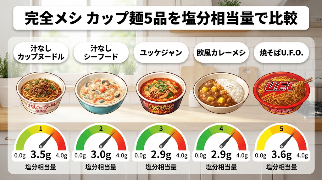 完全メシ カップ麺5品を塩分相当量で比較