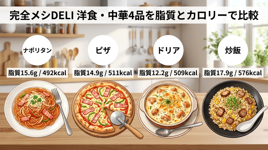 完全メシDELIのナポリタン・ピザ・ドリア・炒飯の脂質とカロリーを並べた比較イラスト