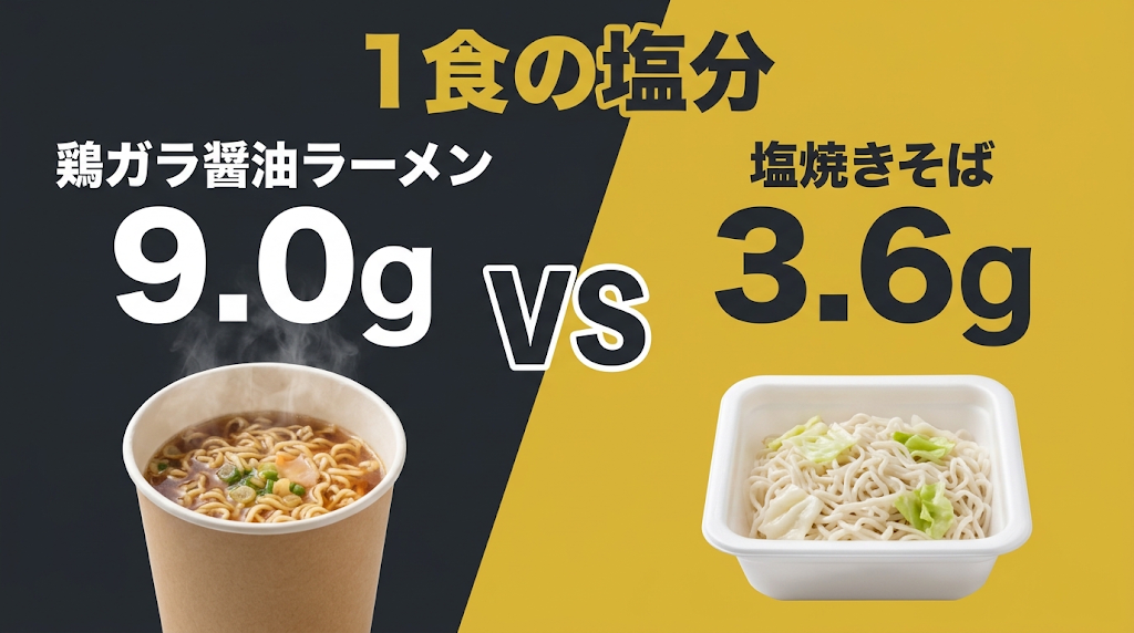 1食の塩分 鶏ガラ醤油ラーメン9.0g VS 塩焼きそば3.6g