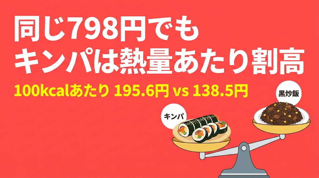 同じ798円でもキンパは熱量あたり割高。100kcalあたり195.6円と138.5円で、キンパと黒炒飯を天秤で比べたイラスト