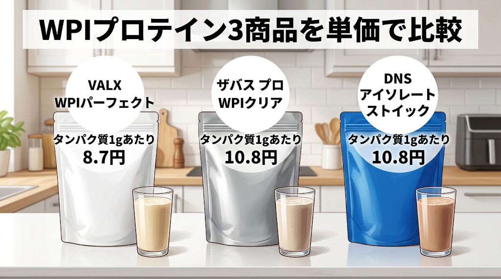 VALX・ザバス・DNSのWPIプロテイン3商品をタンパク質1gあたり単価（8.7円・10.8円・10.8円）で比較したイラスト