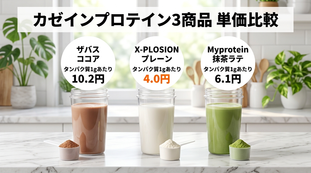 カゼインプロテイン3商品のタンパク質1gあたり単価比較（ザバス10.2円・X-PLOSION4.0円・Myprotein6.1円）