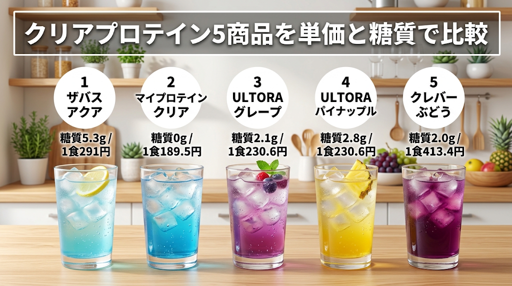 クリアプロテイン5商品（ザバス アクア、マイプロテイン クリア、ULTORA グレープ・パイナップル、クレバー ぶどう）の糖質と1食単価を並べた比較イラスト