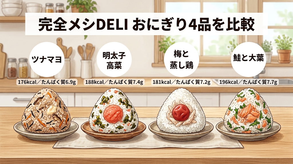 完全メシ DELI おにぎり4品（ツナマヨ・明太子高菜・梅と蒸し鶏・鮭と大葉）のカロリーとたんぱく質の比較イラスト