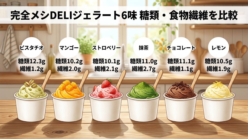 完全メシ DELI ジェラート6味（ピスタチオ・マンゴー・ストロベリー・抹茶・チョコレート・レモン）の糖類と食物繊維を比較したイラスト
