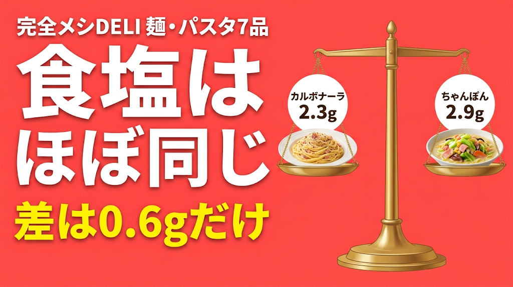 完全メシ DELI 麺・パスタ7品の食塩相当量は2.3〜2.9gで差は0.6g。カルボナーラ2.3gとちゃんぽん2.9gを天秤で比べたイラスト